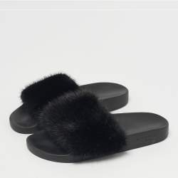 Pre Owned Givenchy Black Mink Fur Slide Sandals Size 37