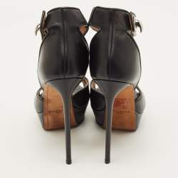 Pre Owned صندل جيفنشي مقدمة مفتوحة نعل سميك سيور كاحل أسنان قرش جلد أسود مقاس 38