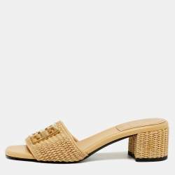 Pre Owned Givenchy G4 Size 37 Beige Leather and Raffia Slide Sandals