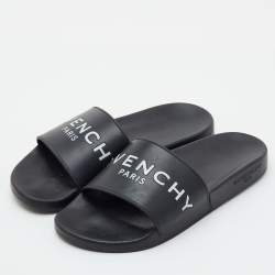 Pre Owned Givenchy Size 40 Black Rubber Logo Flat Slide Sandals