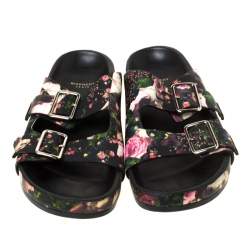 Pre Owned Givenchy Multicolor Floral Print Leather Double Buckle Banded Flat Slides Size 38