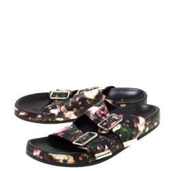 Pre Owned Givenchy Multicolor Floral Print Leather Double Buckle Banded Flat Slides Size 38