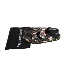 Pre Owned Givenchy Multicolor Floral Print Leather Double Buckle Banded Flat Slides Size 38