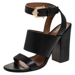 مملوكة مسبقًا Givenchy Black Leather Ankle Strap Block Heel Sandals Size 39.5