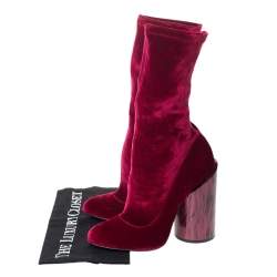 Pre Owned حذاء بوت لمنتصف الساق جيفنشي بكعب سميك من الصدف و قطيفة حمراء مقاس 38