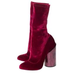 Pre Owned حذاء بوت لمنتصف الساق جيفنشي بكعب سميك من الصدف و قطيفة حمراء مقاس 38