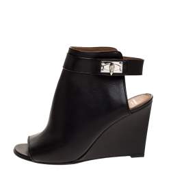 Pre Owned Givenchy Black Leather Shark Lock Wedge Sandals Size 40