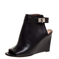 Pre Owned Givenchy Black Leather Shark Lock Wedge Sandals Size 40