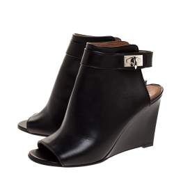 Pre Owned Givenchy Black Leather Shark Lock Wedge Sandals Size 40