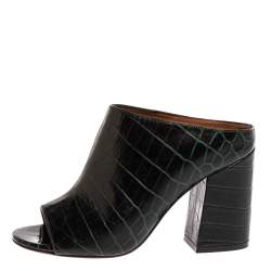 Givenchy Dark Green Croc Embossed Leather Peep Toe Mule Sandals Size 35
