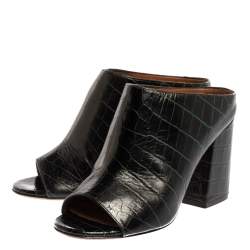 Givenchy Dark Green Croc Embossed Leather Peep Toe Mule Sandals Size 35