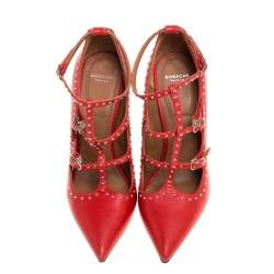 Pre Owned Givenchy Red Leather Studded Buckle Ankle Wrap Pumps Size 38