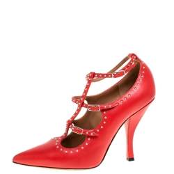 Pre Owned Givenchy Red Leather Studded Buckle Ankle Wrap Pumps Size 38