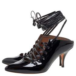 Pre Owned Givenchy Black Patent Leather Lace Wrap Mule Pumps Size 38
