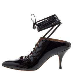 Pre Owned Givenchy Black Patent Leather Lace Wrap Mule Pumps Size 38