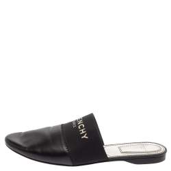 Pre Owned Givenchy Black Leather And Elastic Logo Flat Mules Size 37