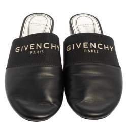 Pre Owned Givenchy Black Leather And Elastic Logo Flat Mules Size 37