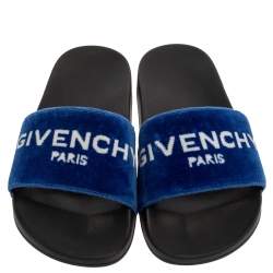 Pre Owned Givenchy Blue/ White Velvet Logo Slide Flats Size 36