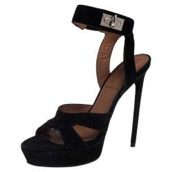 Pre Owned Givenchy Black Suede Shark Lock Sandals Size 39