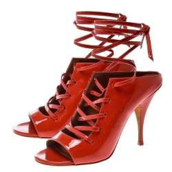 Givenchy Coral Red Patent Leather Lace Up Backless Mule Sandals Size 41