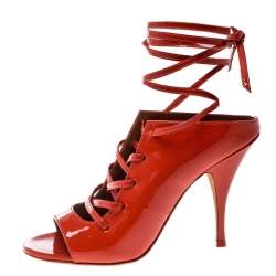 Givenchy Coral Red Patent Leather Lace Up Backless Mule Sandals Size 41