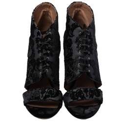 Pre Owned Givenchy Black/Grey Velvet And Lace Cutout Lace Up Boots Size 40