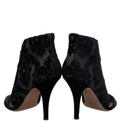 Pre Owned Givenchy Black/Grey Velvet And Lace Cutout Lace Up Boots Size 40