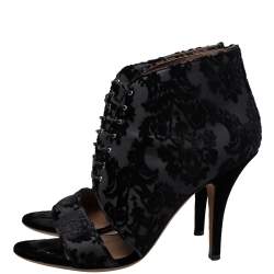 Pre Owned Givenchy Black/Grey Velvet And Lace Cutout Lace Up Boots Size 40