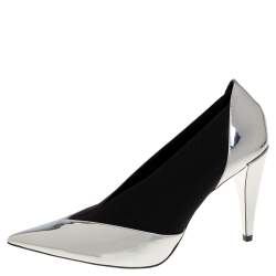 مملوكة مسبقًا Givenchy Metallic Silver/Black Leather And Elastic Pointed Toe Pumps Size 37.5