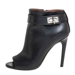 Pre Owned Givenchy Black Leather Shark Lock High Heel Ankle Boots Size 36.5