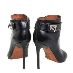 Pre Owned Givenchy Black Leather Shark Lock High Heel Ankle Boots Size 36.5