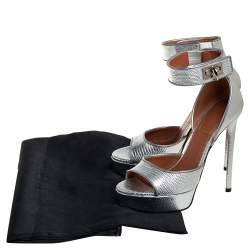 Givenchy Silver Lizard Embossed Leather Shark Lock Ankle Strap Sandals Size 36