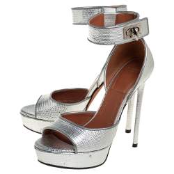 Givenchy Silver Lizard Embossed Leather Shark Lock Ankle Strap Sandals Size 36