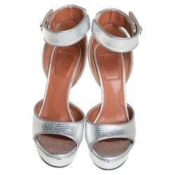 Givenchy Silver Lizard Embossed Leather Shark Lock Ankle Strap Sandals Size 36