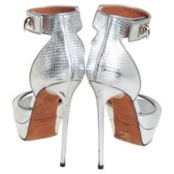 Givenchy Silver Lizard Embossed Leather Shark Lock Ankle Strap Sandals Size 36