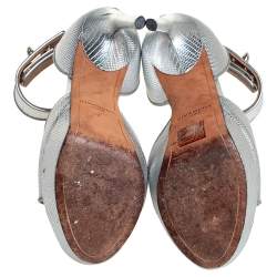 Givenchy Silver Lizard Embossed Leather Shark Lock Ankle Strap Sandals Size 36