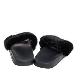 Pre Owned Givenchy Black Mink Fur Flat Slides Size 38