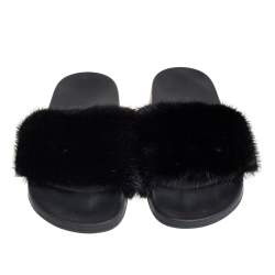 Pre Owned Givenchy Black Mink Fur Flat Slides Size 38
