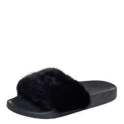 Pre Owned Givenchy Black Mink Fur Flat Slides Size 38