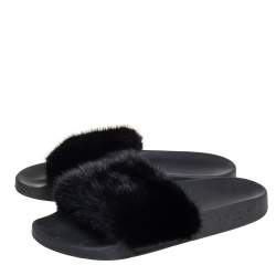 Pre Owned Givenchy Black Mink Fur Flat Slides Size 38