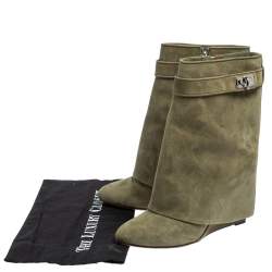 Pre Owned Givenchy Green Suede Shark Lock Wedge Ankle Boots Size 40