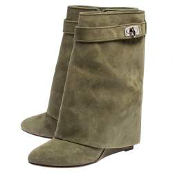 Pre Owned Givenchy Green Suede Shark Lock Wedge Ankle Boots Size 40