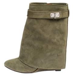 Pre Owned Givenchy Green Suede Shark Lock Wedge Ankle Boots Size 40