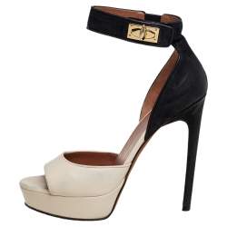 Givenchy Cream/Black Leather Shark Lock Ankle Strap Open Toe Platform Sandals Size 40