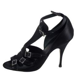 Givenchy Black Satin Cystal Buckle Embellished T-Strap Open Toe Sandals Size 38