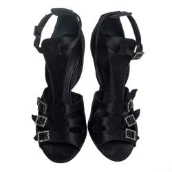 Givenchy Black Satin Cystal Buckle Embellished T-Strap Open Toe Sandals Size 38