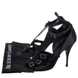 Givenchy Black Satin Cystal Buckle Embellished T-Strap Open Toe Sandals Size 38