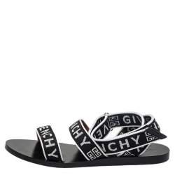 Givenchy Black/White Nylon Logo Strap Flat Ankle Wrap Sandals Size 38