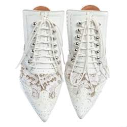 Givenchy White Brogue Leather and Lace Maremma Mules Size 37