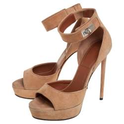 مملوكة مسبقًا صندل جيفنشي قفل شارك توث سير كاحل مقدمة مفتوحة نعل سميك سويدي بيج مقاس 38 